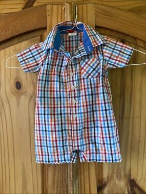 Boys Hudson Ferrell blue red orange plaid short sleeve romper size 0-3 months